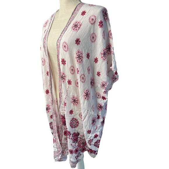 Angie M White & Pink Floral Kimono Cardigan Lightweight Open Front Medium - Picture 2 of 6